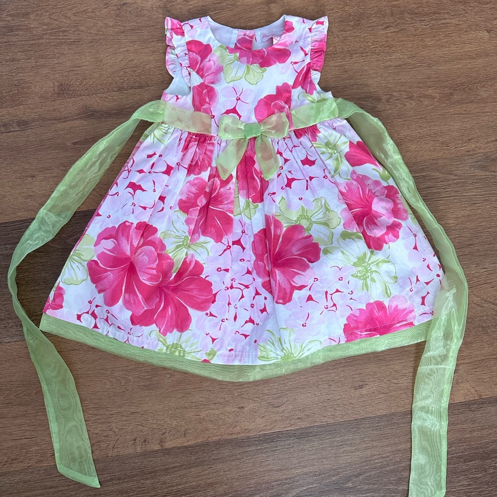 NWOT 2T Floral Pink and Green Dress with Bow